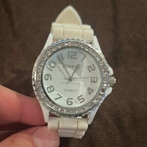 Geneva Silver and White Quartz Watch with Rhinestone Accents